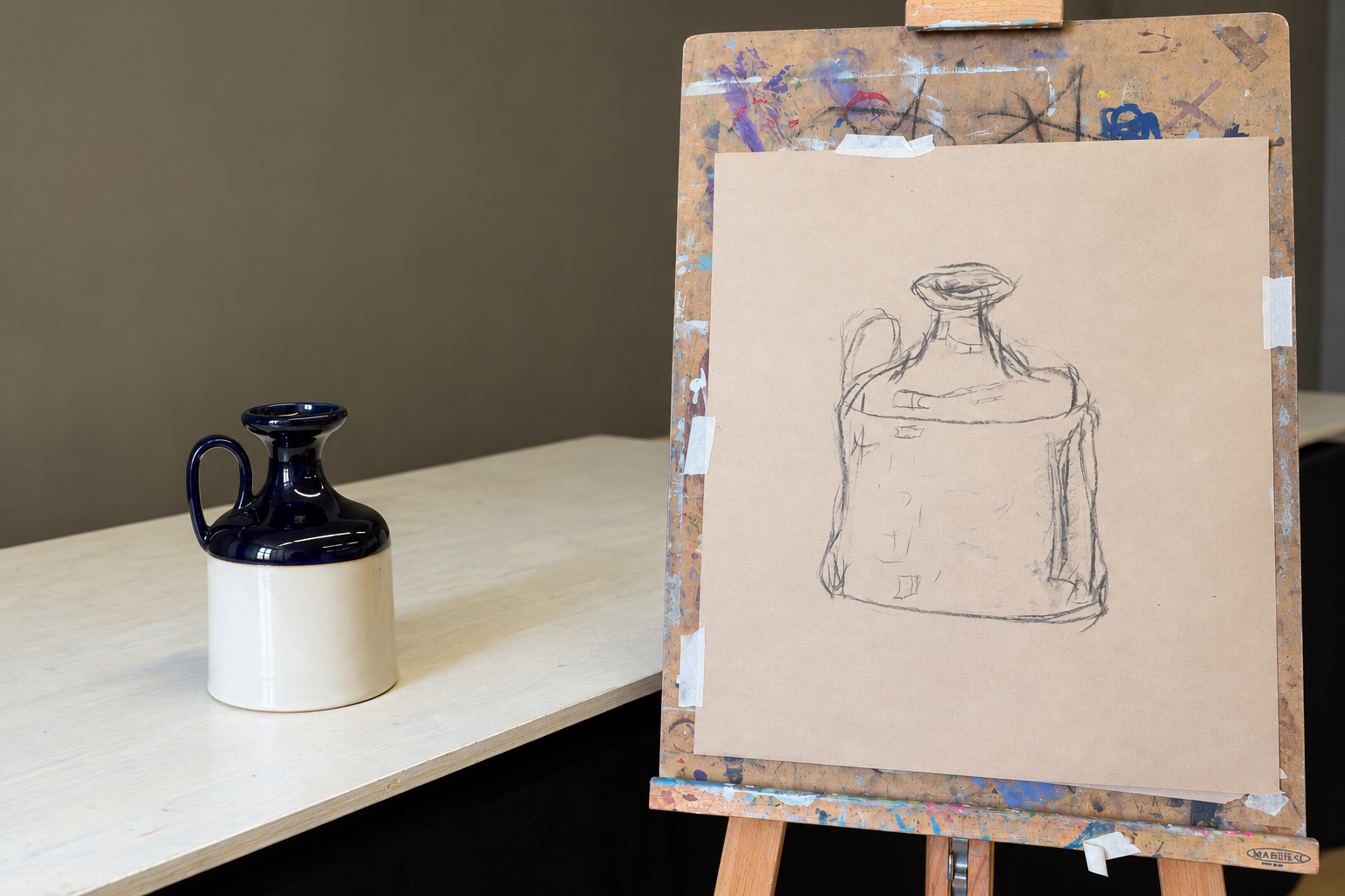 AI-edited classroom photograph of a black-and-white jug beside its pencil drawing on an easel.